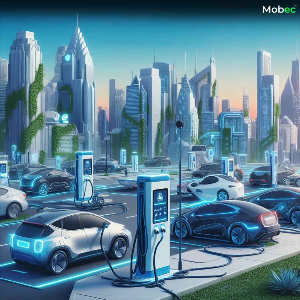 An image showcasing the challenges in public charging infrastructure accessibility with a depiction of electric vehicles and charging stations against an urban backdrop.