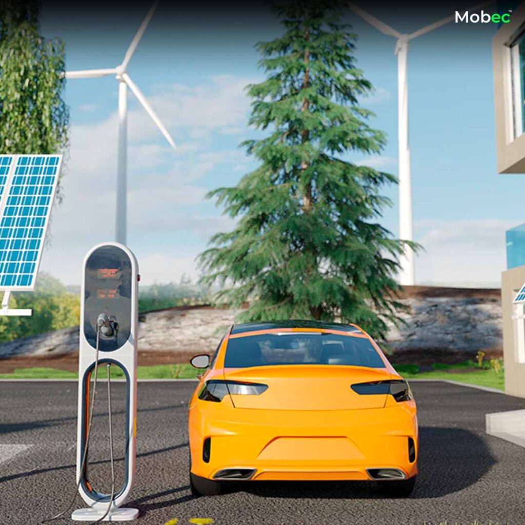 A visual representation of the revolutionary bi-directional electric vehicle (EV) charging, showcasing EVs exchanging energy bidirectionally with the grid.