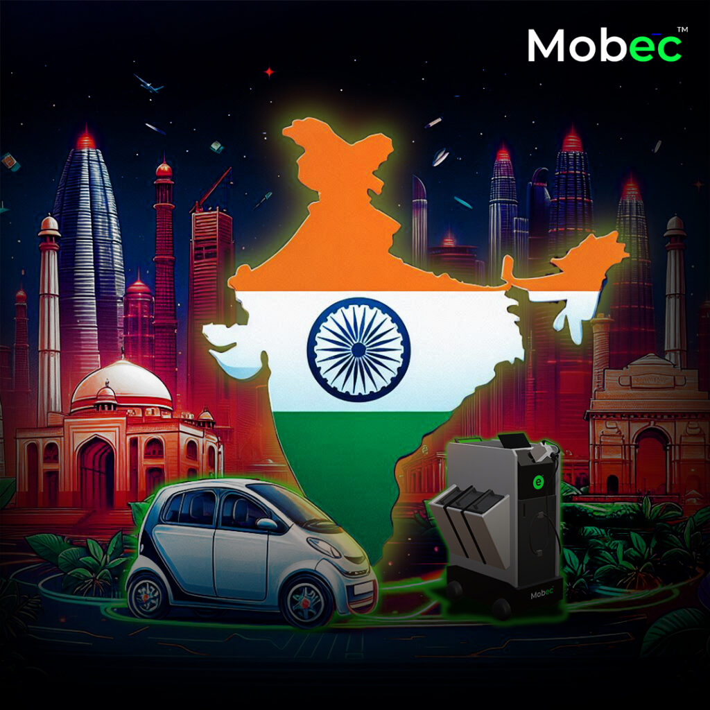 A detailed roadmap showcasing Mobec's vision for India's electric mobility ecosystem by 2030, featuring innovative EV charging solutions and sustainable goals.