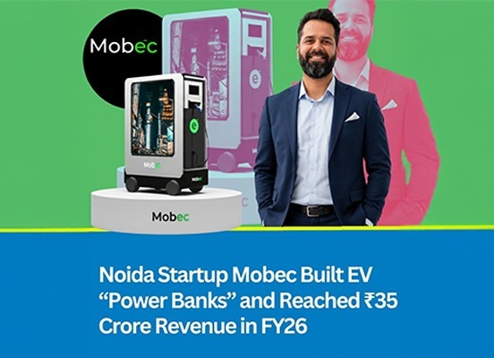 Mobec portable EV charging unit highlighting the ₹35 crore FY26 revenue milestone.